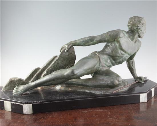 J. de Roncourt. A bronzed spelter figure of a huntsman, W.29in. H.15in.